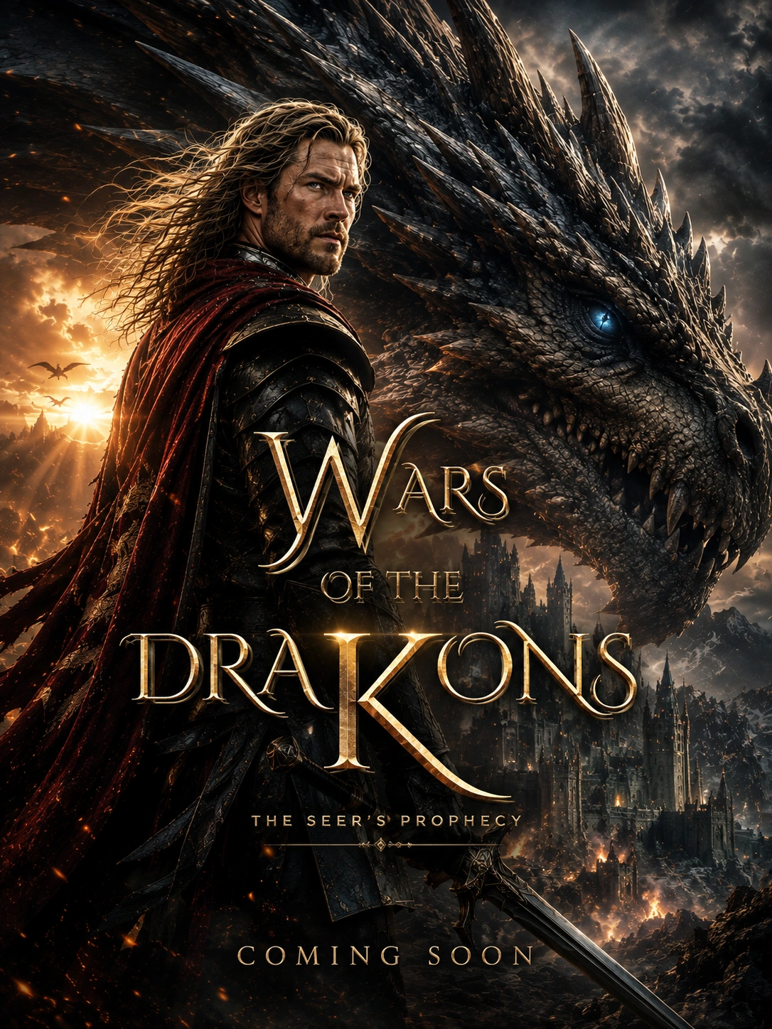 Wars of the Drakons: The Seer’s Prophecy film poster, featuring a warrior beside a mighty black Drakon